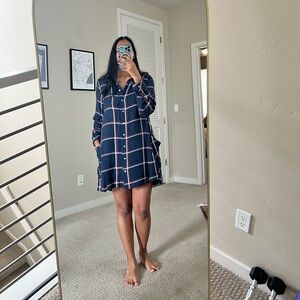 Navy Plaid Button-Up Dress